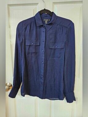 J.Crew 100% Silk Navy Button Front Blouse Petite 6 Career Office Top